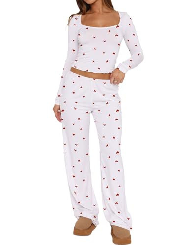 Lacozy Cute Pjs for Women Set 2 Piece Long Sleeve Fun Pajama Sets Heart Graphic Top and Pajamas Pants Y2K Sleepwear XL | Amazon (US)