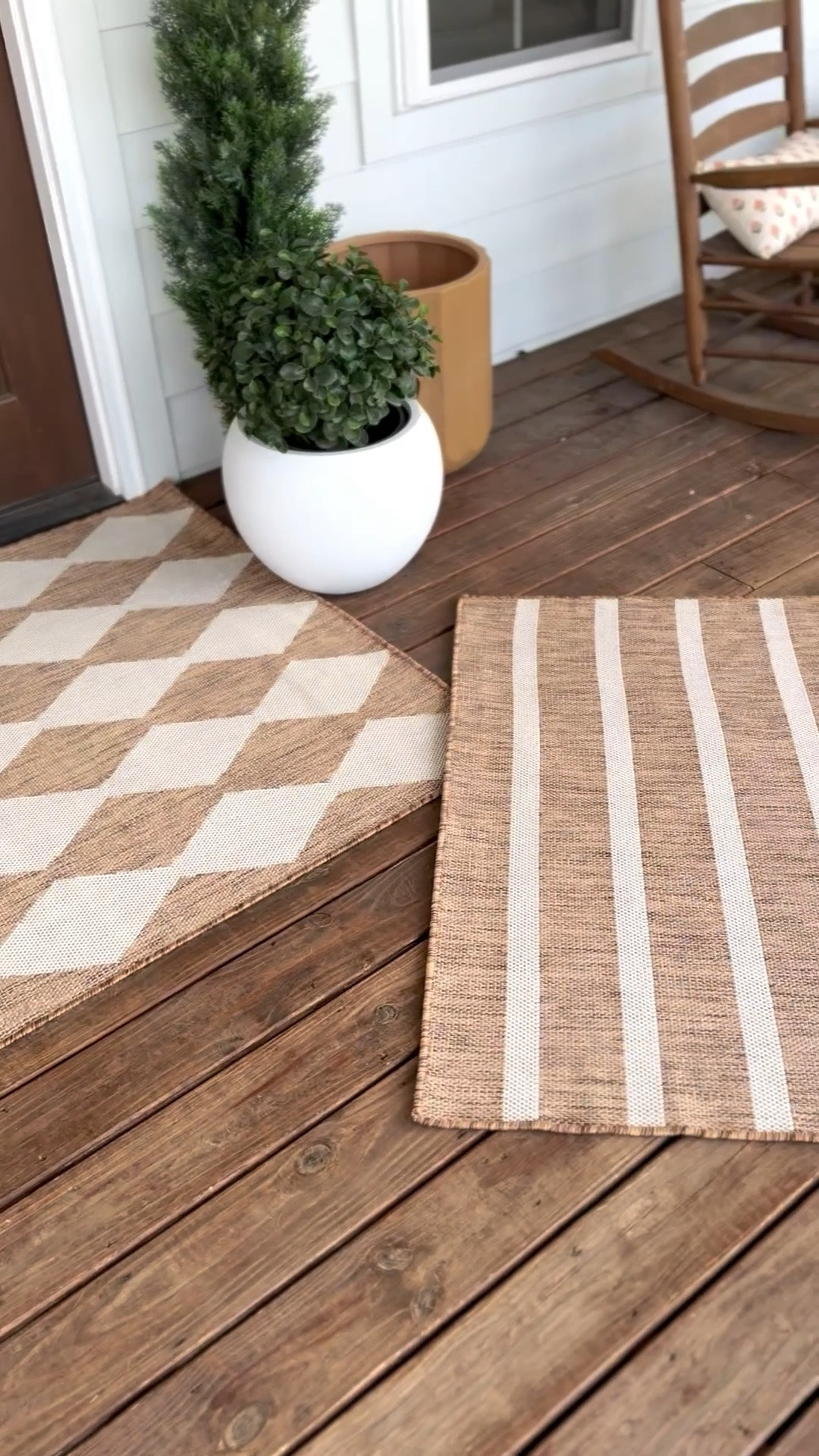 Still waiting on a few items for my spring front porch, but I got these outdoor layering rugs in and wanted to share because they are really great outdoor rugs and super affordable! I have the stripe one on my back uncovered patio and it’s held up very well. So help me decide should I go stripes or diamonds under my new spring/summer doormat?

#LTKSeasonal #LTKSpringSale #LTKHome