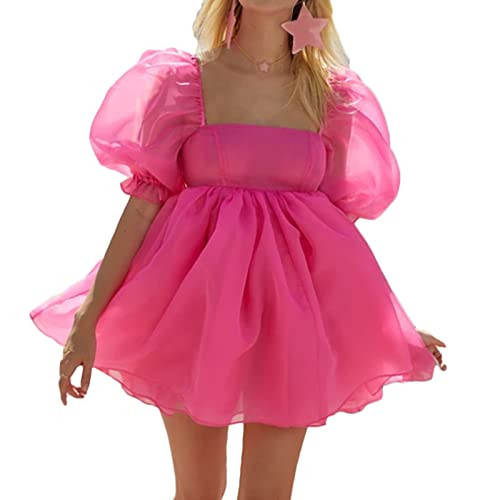 Women's Off Shoulder Puffy Sleeve Mini Dress Tulle Princess Dress Ruffle Mesh Wedding Evening Party Prom Mini Dress (Rose Red, S) | Amazon (US)
