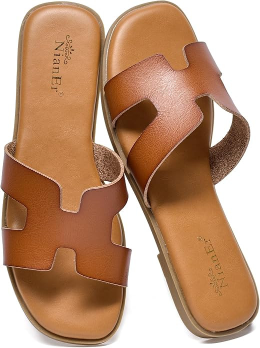 NianEr Womens Microfiber Leather Comfort Foam Support H Sandals Square Toe Dress Dressy Slip On C... | Amazon (US)
