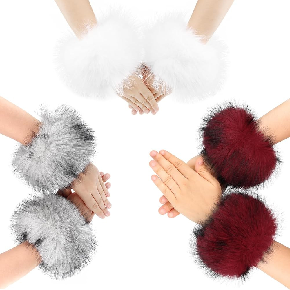 HAOAN 3 Pairs Faux Fur Wrist Cuffs Winter Furry Arm Warmers for Halloween Daily Cosplay Party Cos... | Amazon (US)