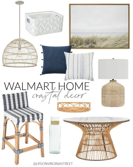 My current coastal favorites from Walmart! Items include a rattan pendant, a canvas storage basket, a framed canvas wall art, solid blue and blue and white striped pillows and an oversized rattan table lamp. Additional items include a blue and white striped rattan counter stool, a glass vase, a wood and rattan coffee table and a round woven serving tray.

look for less home, designer inspired, beach house look, walmart haul, walmart must haves, home decor, Walmart finds, Walmart home decor, Walmart bedroom, Walmart décor, Walmart home finds, walmart chairs, Walmart table lamps, simple decor, dining chairs, accent chairs, abstract wall art, art for home, canvas wall art, living room decor, bedroom inspiration, neutral design, simple decor, coastal decorating, coastal design, coastal inspiration #ltkfamily  #ltksale  

#LTKfindsunder50 #LTKfindsunder100 #LTKSeasonal #LTKhome #LTKsalealert #LTKstyletip #LTKhome #LTKsalealert #LTKfindsunder100