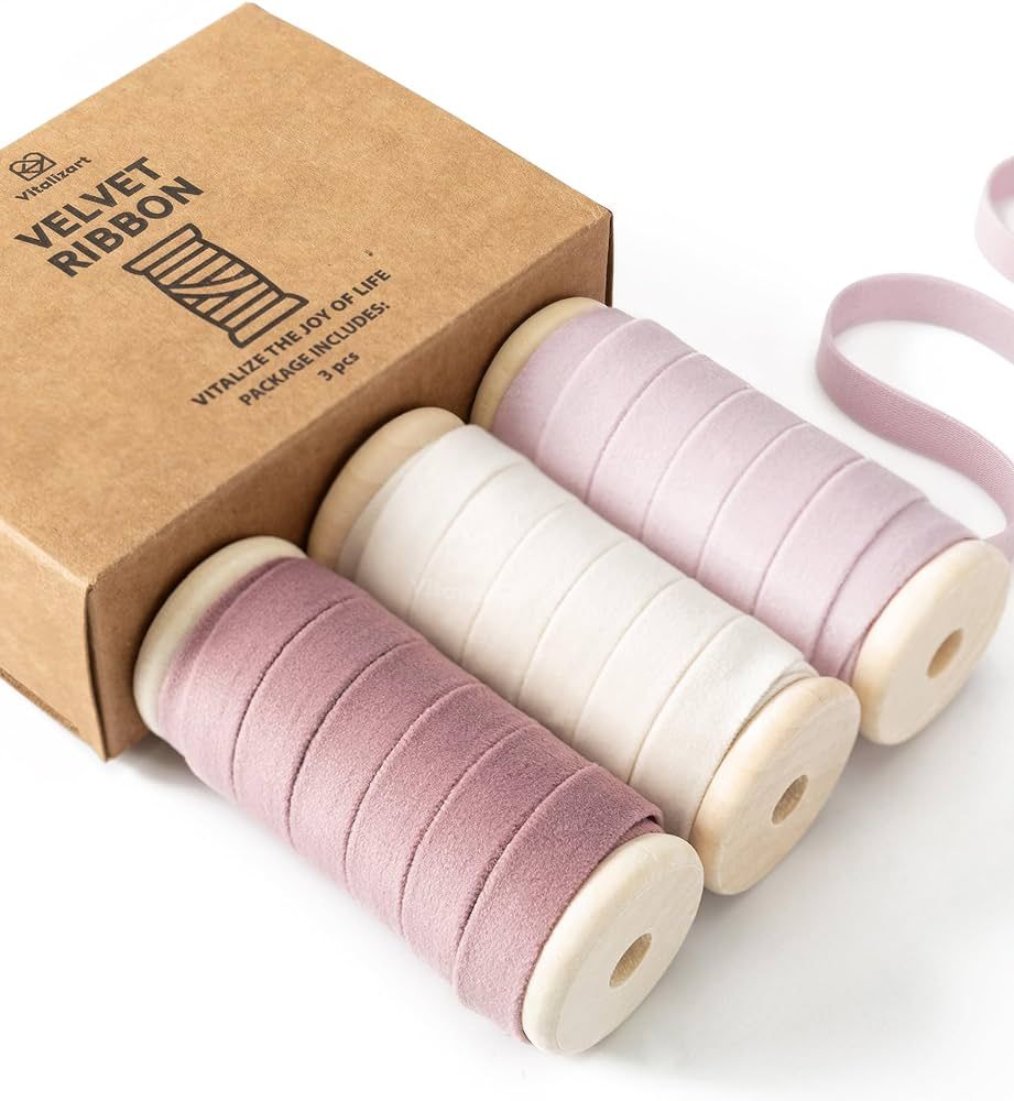 Vitalizart Velvet Ribbon Pink White Set 3/8" x 15Yd Wooden Spool Fabric Trim Eco-Friendly 3 Rolls *  | Amazon (US)