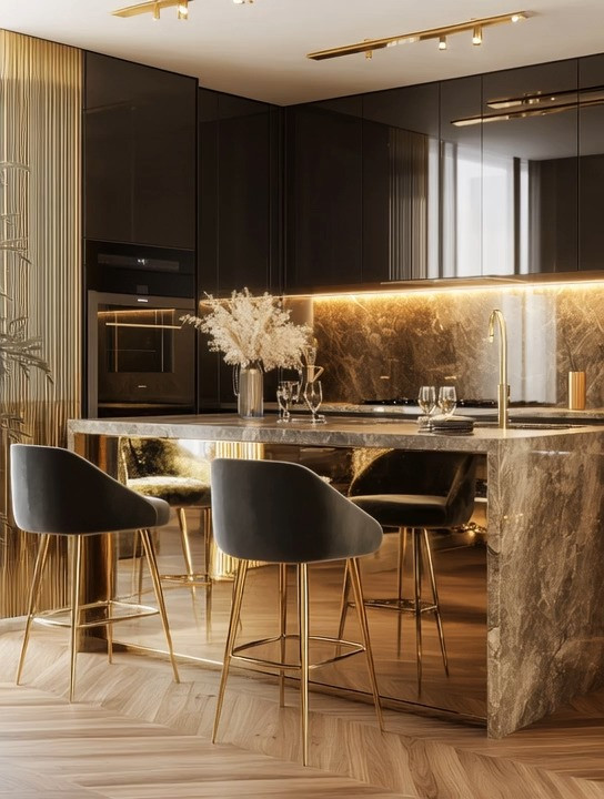 Create an ultra-glamorous modern kitchen island by layering rich textures, dark tones, and warm metallic accents.
Start with dark gray velvet counter stools or high chairs finished with gold legs or brass details. The contrast between soft velvet upholstery and sleek gold accents instantly elevates the island, making it feel sculptural, refined, and visually striking. This combination works beautifully in modern kitchens, especially when paired with marble or stone countertops and clean-lined cabinetry.

If you’re ready to take the look even further, upgrading key appliances like the fridge and stove makes a dramatic impact. Designer black-and-gold or ivory-and-gold refrigerators and stoves create a cohesive, high-end look that turns the kitchen into a true statement space. A black-and-gold fridge adds depth and drama, while an ivory-and-gold stove softens the space with a luminous, elegant finish.

When paired with gold-accented seating and a bold island, these appliances become part of the design—not just functional pieces. The result is a kitchen that feels confident, glamorous, and intentionally styled, perfect for entertaining and everyday living alike.

#ModernKitchenDesign #GlamKitchenStyle #GoldAccents 

 #LTKHome