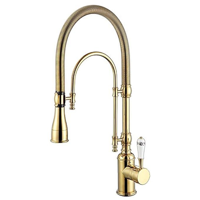 Kunmai High Arc Swirling Dual-Mode Pull-Down Kitchen Faucet with Porcelain Handle (Gold) | Amazon (US)