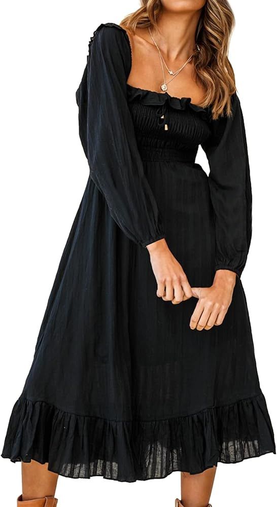 R.Vivimos Women's Linen Fall Long Sleeves Stripes Ruffled Boho Casual A-Line Flowy Midi Dresses | Amazon (US)