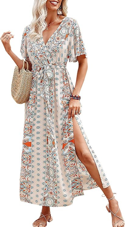 CCTOO Women's Summer Maxi Dress Casual Boho Floral Wrap V Neck Short Sleeve Ruffle Split Flowy Lo... | Amazon (US)