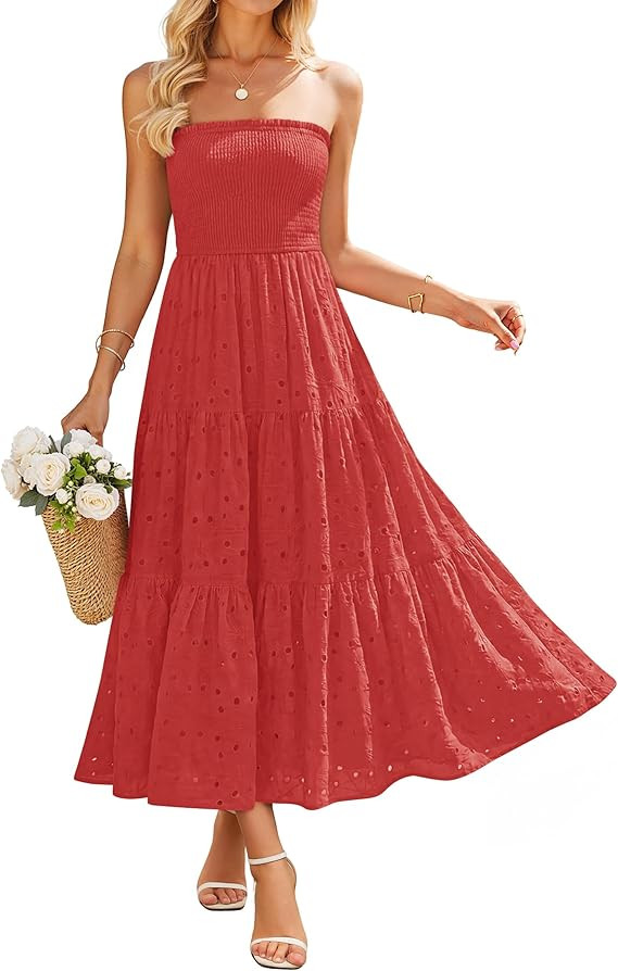 ZESICA Womens 2026 Summer Boho Strapless Midi Dresses Off Shoulder Smocked Eyelet Flowy Casual Be... | Amazon (US)