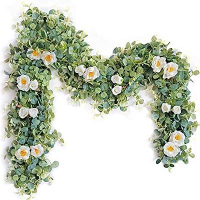 Tiny Land Eucalyptus Garland with White Rose- Faux Floral Garland for Wedding Décor & Arch & Din... | Amazon (US)
