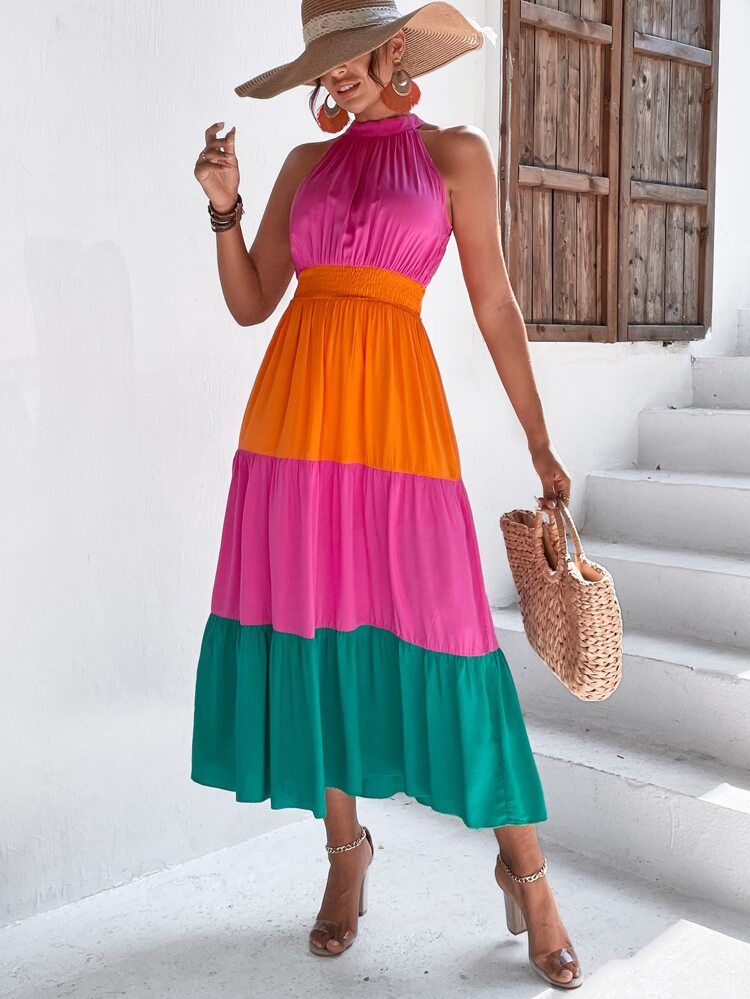 Colorblock Shirred Ruffle Hem Halter Dress | SHEIN