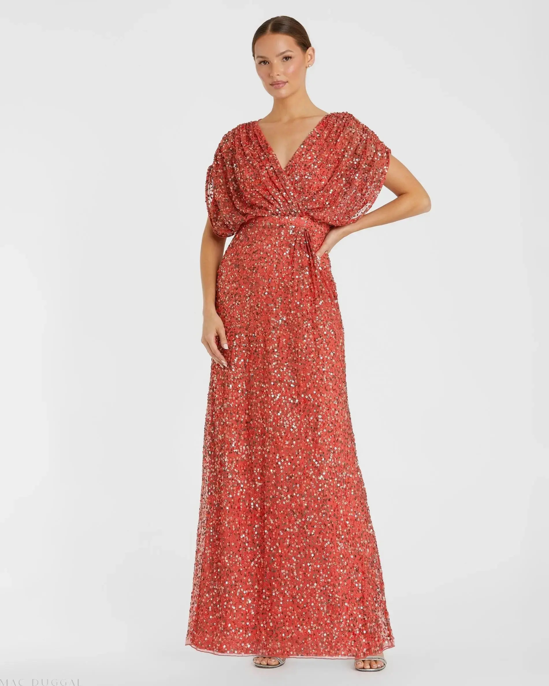 Red Draped Sleeve V Neck Gown | Mac Duggal | Mac Duggal
