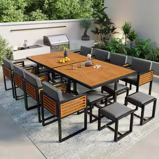 18-Piece Gray Acacia Wood Outdoor Dining Set with 8 Gray Cushions, 2 Square Table and 8 Ottomans | The Home Depot