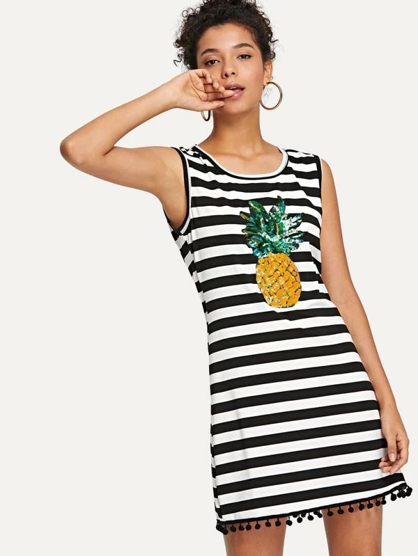 Contrast Sequin Pineapple Applique Striped Shell Dress | SHEIN