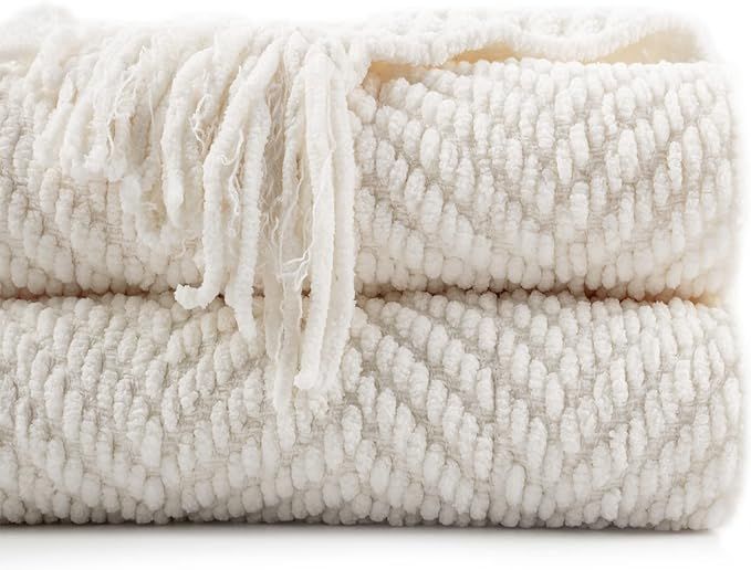 BATTILO HOME Cream Throw Blanket for Couch, Textured Knitted Throw Blanket with Tassels, Couch Co... | Amazon (US)