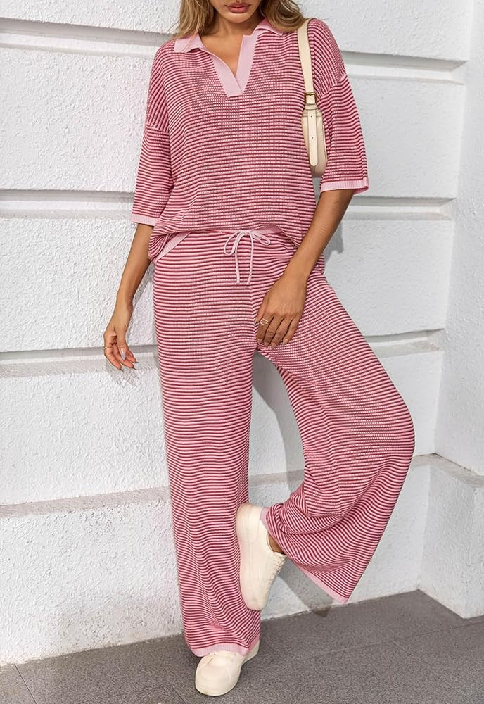 Tankaneo Womens Sweater Set Striped 2 Piece Outfits Oversized 3/4 Sleeve V Neck Knit Tops Wide Leg Pants Fall Lounge Sets | Amazon (US)