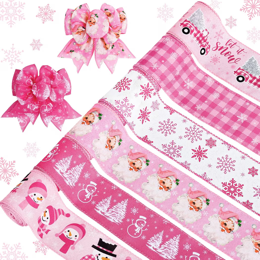 Whaline 6 Rolls Christmas Wired Edge Ribbon Pink Xmas Winter Holiday Craft Ribbon Buffalo Plaid S... | Amazon (US)