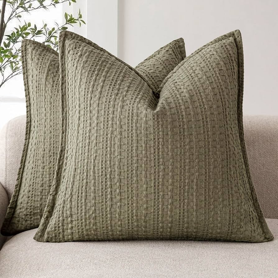 Amazon.com: Foindtower Set of 2 Decorative Cotton Waffle Weave Throw Pillow Covers Euro Shams Cushion Covers Accent European Pillowcase for Bed Couch Sofa Bedroom Living Room Home Decor 18\u00d718 Inch Olive Green : Home & Kitchen | Amazon (US)
