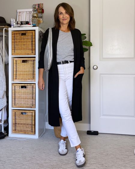 Casual chic fall transition outfit…
Wearing my regular size S in the tee, 27 in the jeans and sized up to M in the coatigan for more sleeve length.
Sneakers are men’s sizing so I got a size six (I’m women’s 7.5). Silver bag and belt are from Amazon.
Also linked my fave no show socks that really stay in place

#LTKshoecrush #LTKstyletip #LTKover40