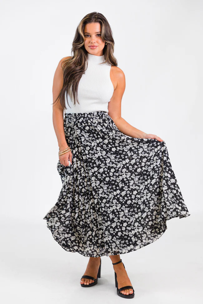 Pleats and Thank You Black Floral Maxi Skirt | Pink Lily