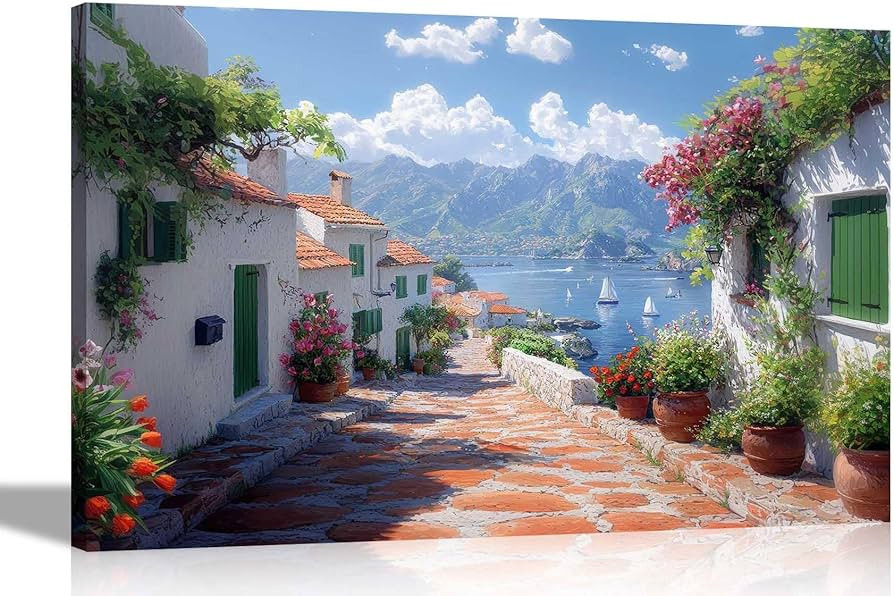Artley Prints - Mediterranean Mountain Town Sea View Canvas Wall Art Prints For Bedroom Hallway L... | Amazon (UK)