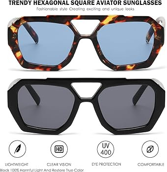 Trendy Aviator Sunglasses for Women Retro Hexagonal Square Double Bridge Sun Glasses Designer Sty... | Amazon (US)