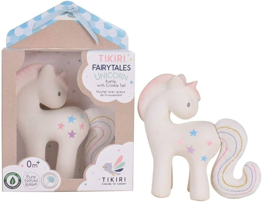 Tikiri Fairytales Cotton Candy Unicorn Natural Rubber Rattle with Crinkle Tail (White) | Amazon (US)
