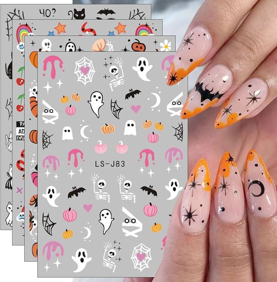 JMEOWIO 8 Sheets Halloween Nail Art Stickers Decals Self-Adhesive Pegatinas Uñas Pink Skull Cute... | Amazon (US)