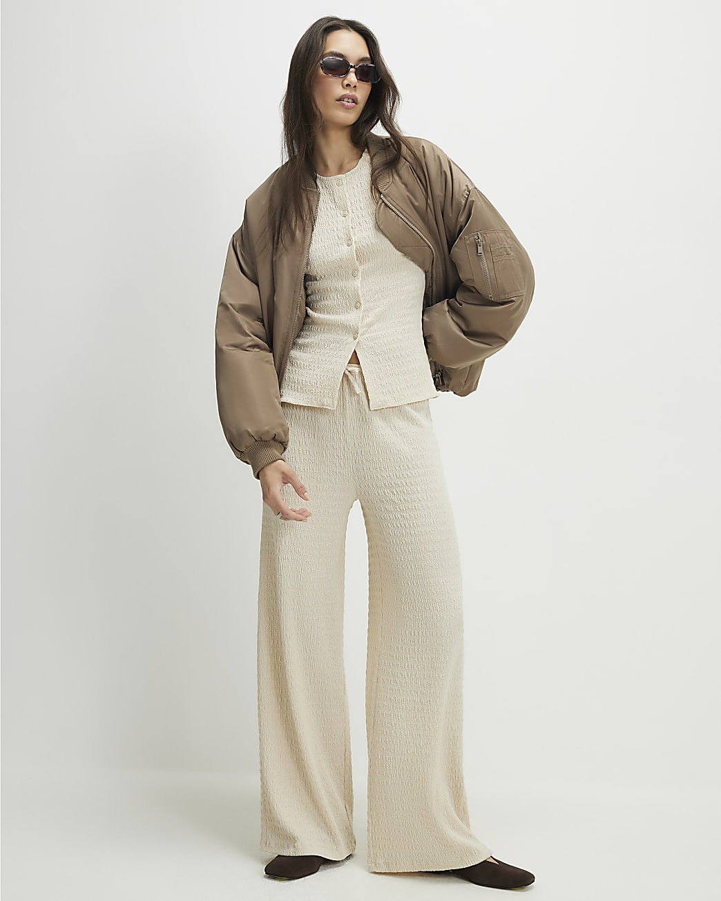 Beige Texture Drawstring Wide Leg Trousers | River Island UK & IE