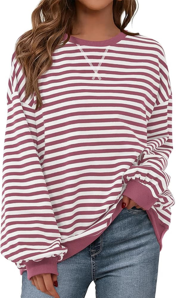 PRETTYGARDEN Womens Striped Oversized Sweatshirt Color Block Crew Neck Long Sleeve Casual Loose P... | Amazon (US)