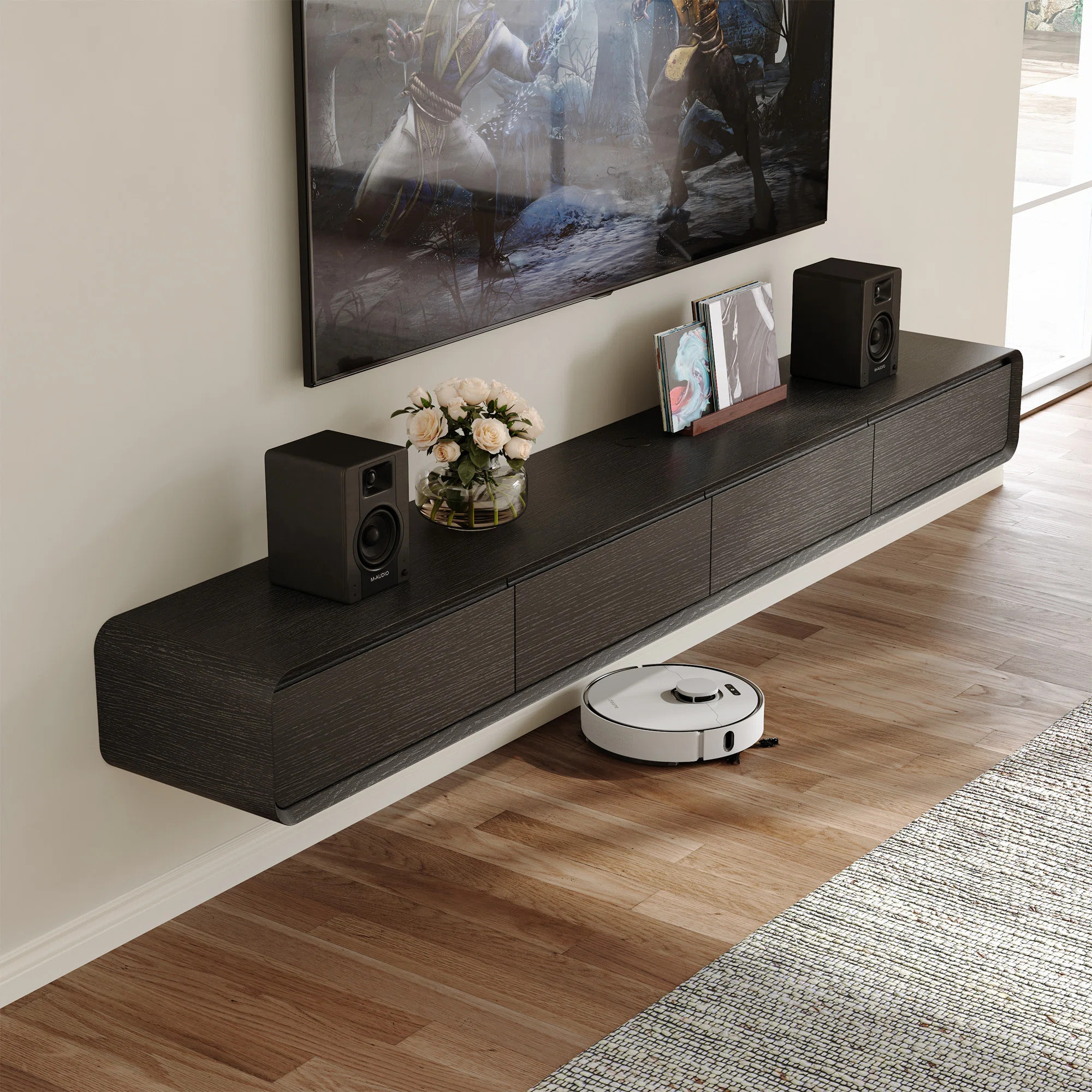 Randalstown Floating TV Stand, Entertainment Center with 4 Drawers, Solid Wood, Fully-Assembled | Wayfair North America