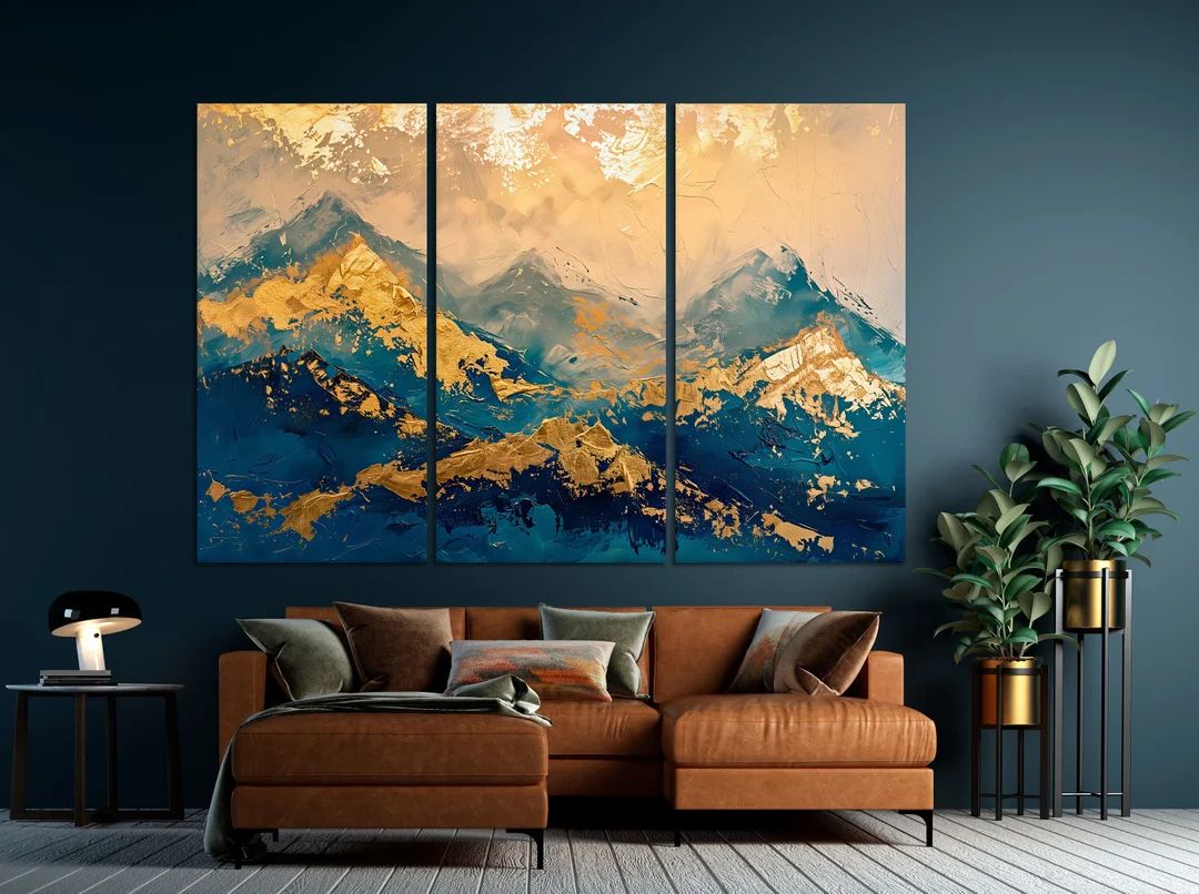 Abstract Mountain Oil Painting Print Landscape Large Canvas Wall Art Blue Gold Wall Decor Scenic ... | Etsy (CAD)