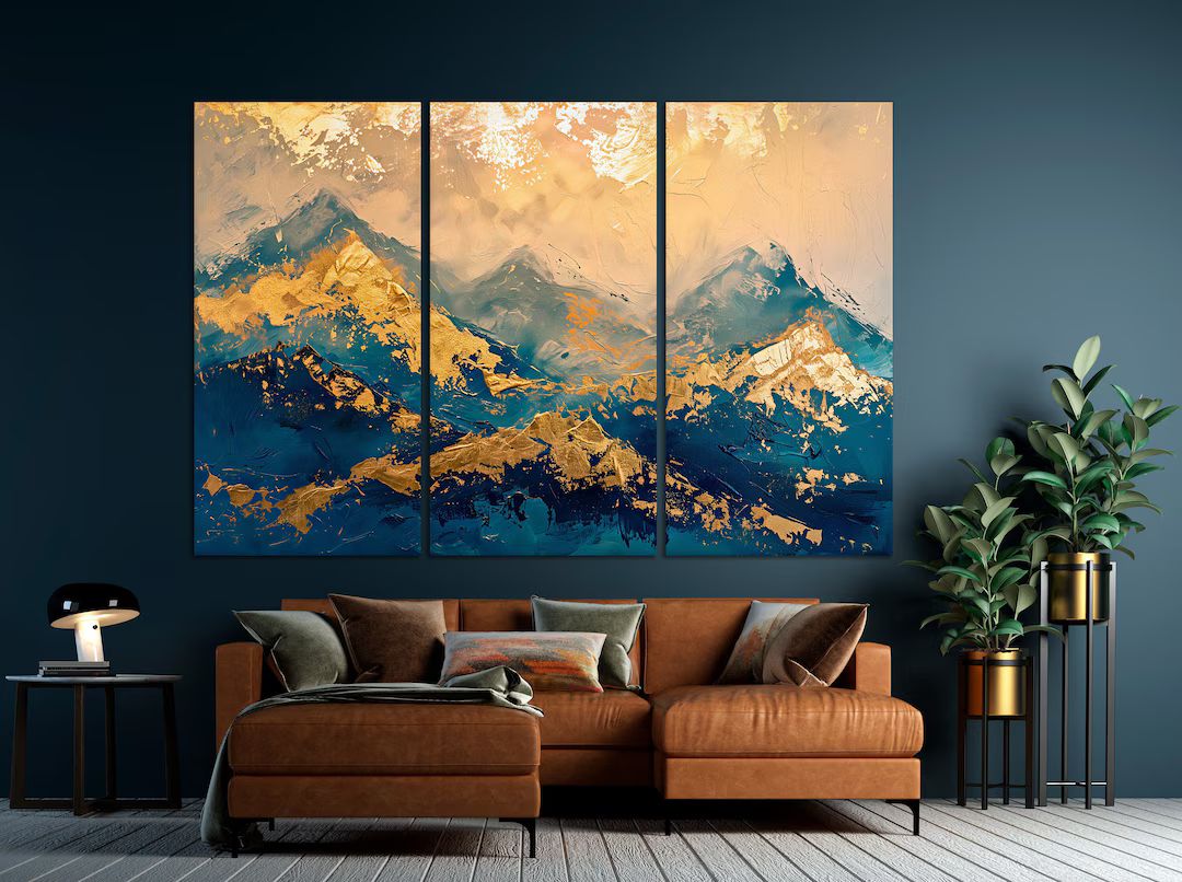 Abstract Mountain Oil Painting Print Landscape Large Canvas Wall Art Blue Gold Wall Decor Scenic ... | Etsy (CAD)