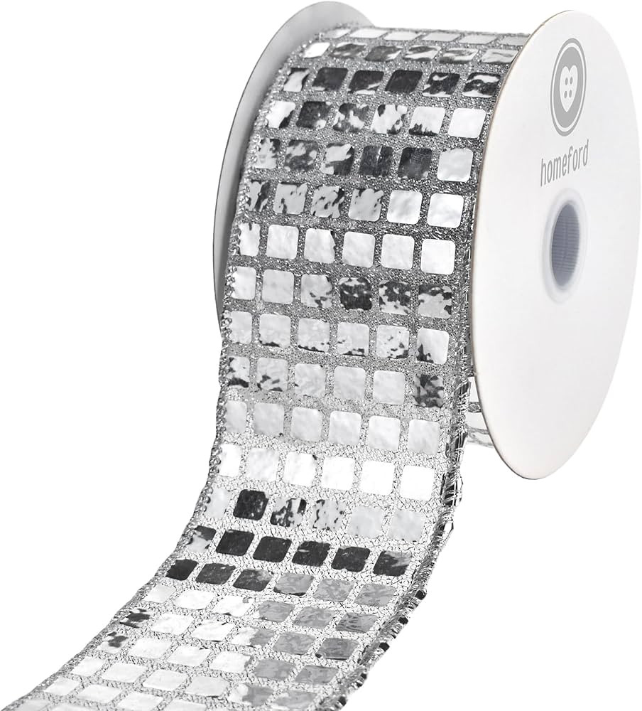 HOMEFORD Metallic Disco Ball Sequins Wired Ribbon, 2-1/2-inch, 10-Yard, Silver | Amazon (US)