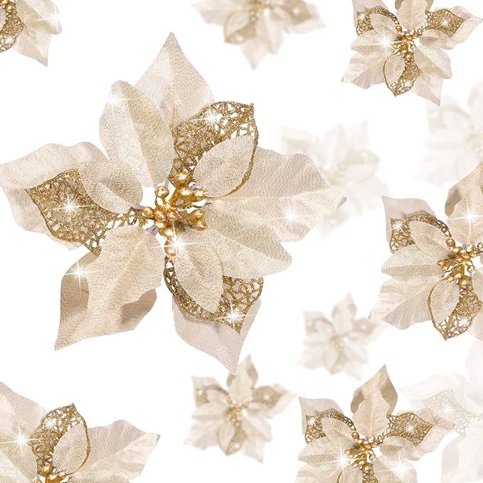 36 Pieces Christmas Glitter Poinsettia Faux Flowers Christmas Flowers Decorations Wedding Xmas Tr... | Amazon (US)