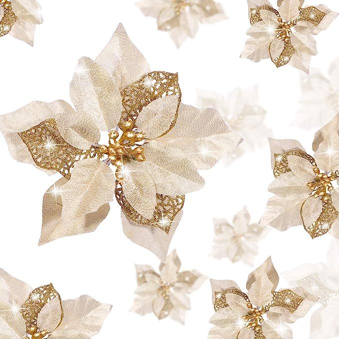 36 Pieces Christmas Glitter Poinsettia Artificial Flowers Christmas Flowers Decorations Wedding X... | Amazon (US)