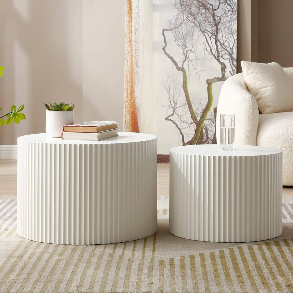 kevinplus White Round Nesting Coffee Table Set of 2 Modern Drum Side Table End Table for Living R... | Amazon (US)