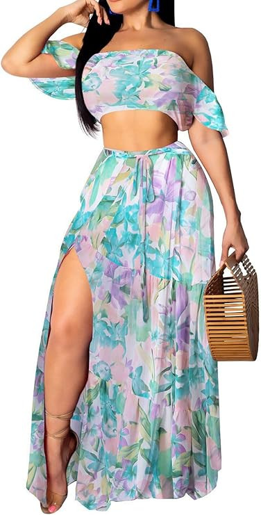 Sexy Two Piece Sets for Women Vacation Elegant Sleeveless Top Long Split Maxi Dress Beach Swimwea... | Amazon (US)