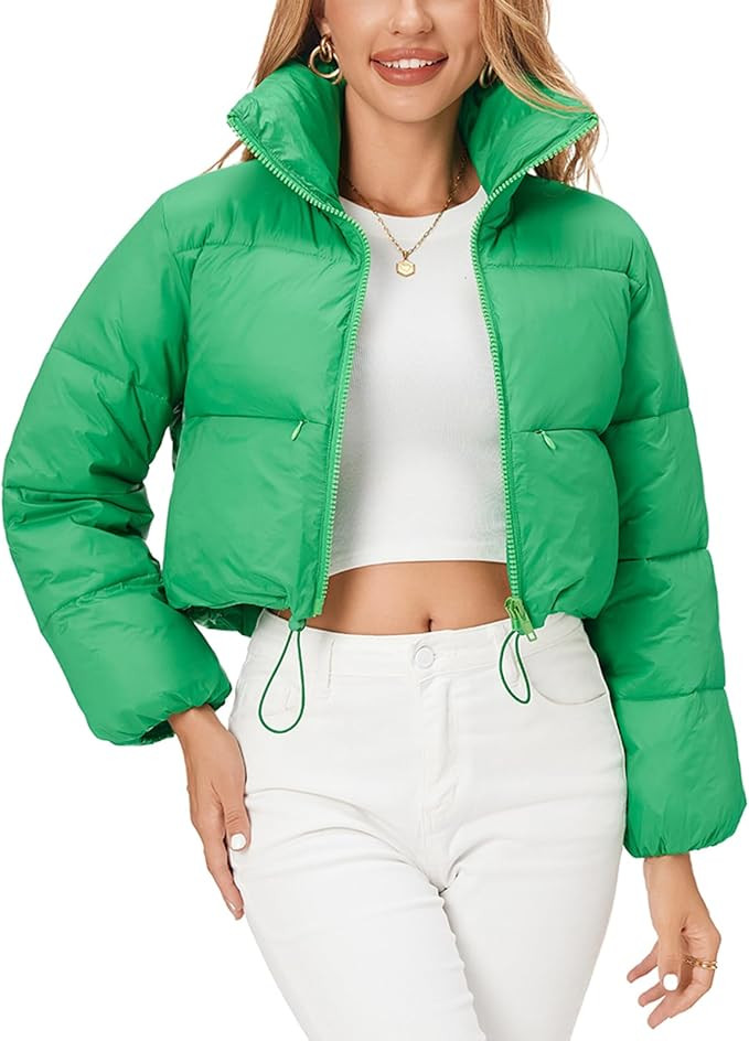Fuinloth Women's Puffer Jacket, High Stand Collar Zip Pocket Crop Long Sleeve Coat | Amazon (US)