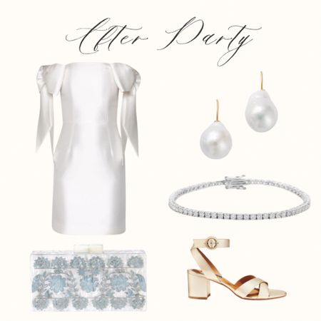 Wedding after party outfit: Alexia Maria silk bow dress, baroque pearl earrings, tennis bracelet, asha acrylic clutch, and Margaux city sandals 

#LTKshoecrush #LTKwedding #LTKstyletip