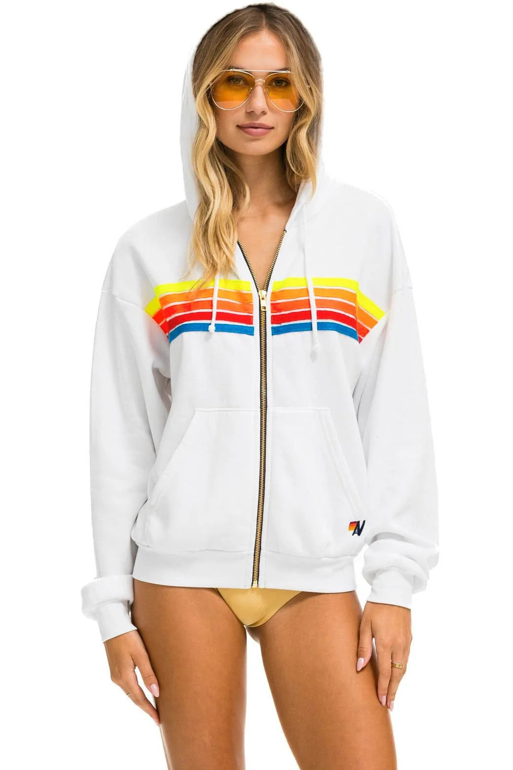 5 STRIPE RELAXED ZIP HOODIE - WHITE // NEON RAINBOW | Aviator Nation