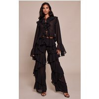 Black Chiffon Frill Straight Leg Pants | PrettyLittleThing US