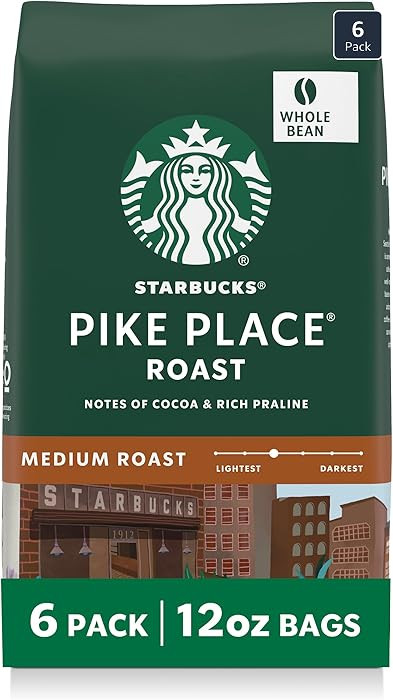 Starbucks Whole Coffee Beans, Medium Roast Hot or Iced Coffee, Pike Place Roast, Six 12 oz Bags... | Amazon (US)