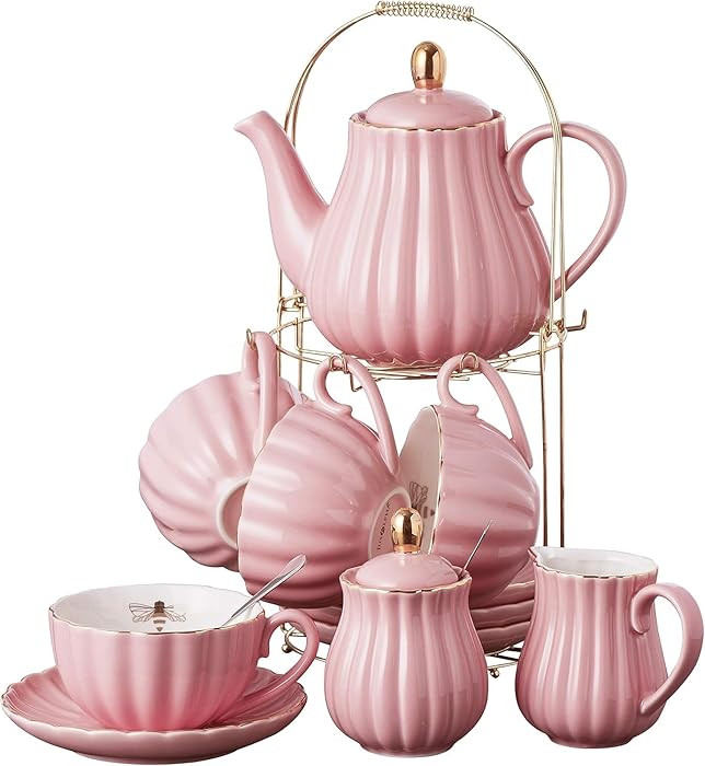 Jusalpha Fine China Pink Coffee Cup/Teacup Set, 7 OZ Cups& Saucer Service for 4, with Teapot-Suga... | Amazon (US)