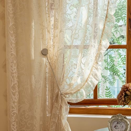 TUDECO Beige Lace Curtains for Bedroom - Floral Sheer Boho Crochet Curtains 63 Inch Length, Natural Ruffle Short Rod Pocket Light Filtering Window Treatment Grandma Core Decor, 59 x 63 Inch | Amazon (US)