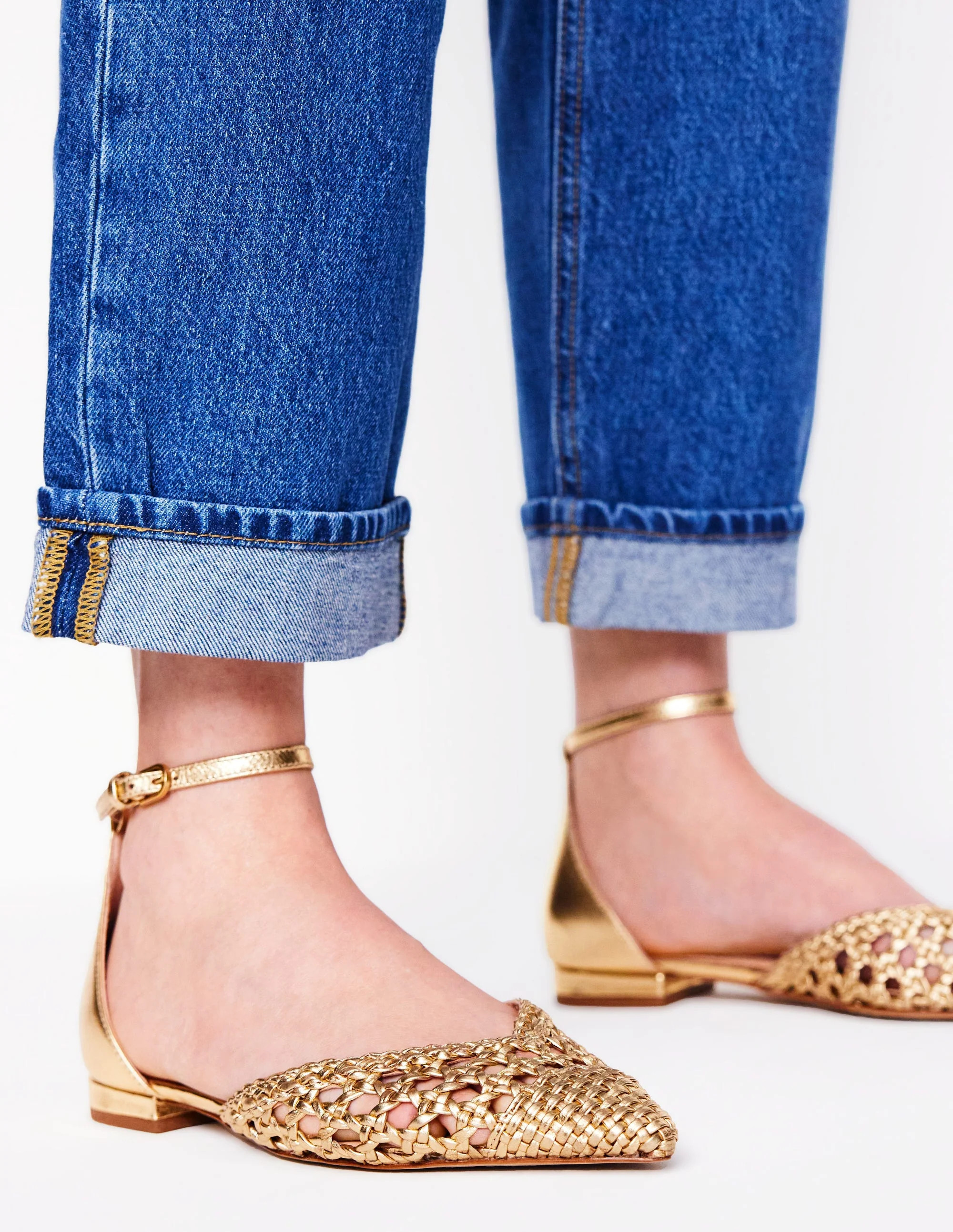 Pointed Toe Cap Flats-Gold Woven Leather | Boden UK
