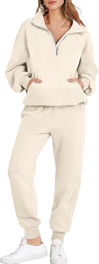 ANRABESS Womens 2 Piece Outfits Sweatsuit Long Sleeve Quarter Zip Sweatshirt with Jogger Sweatpan... | Amazon (US)