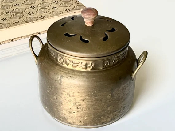 Vintage Brass Handled Jar With Lid Wooden Knob Cut Out Design on Top | Etsy (US)