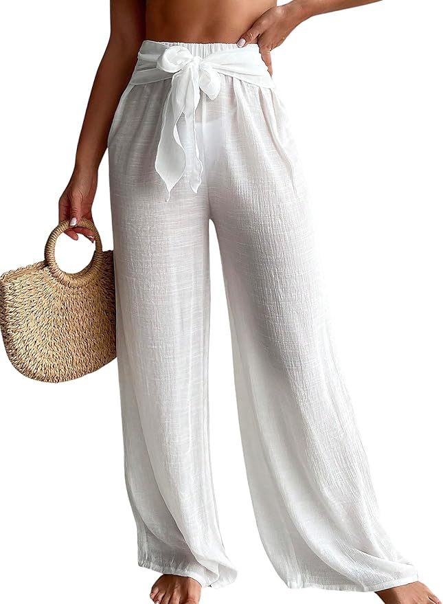 COZYEASE Women's Beach Cover Up Pants Mesh Tie Front Wide Leg Loose Bathing Suit Cover Up Beach P... | Amazon (US)