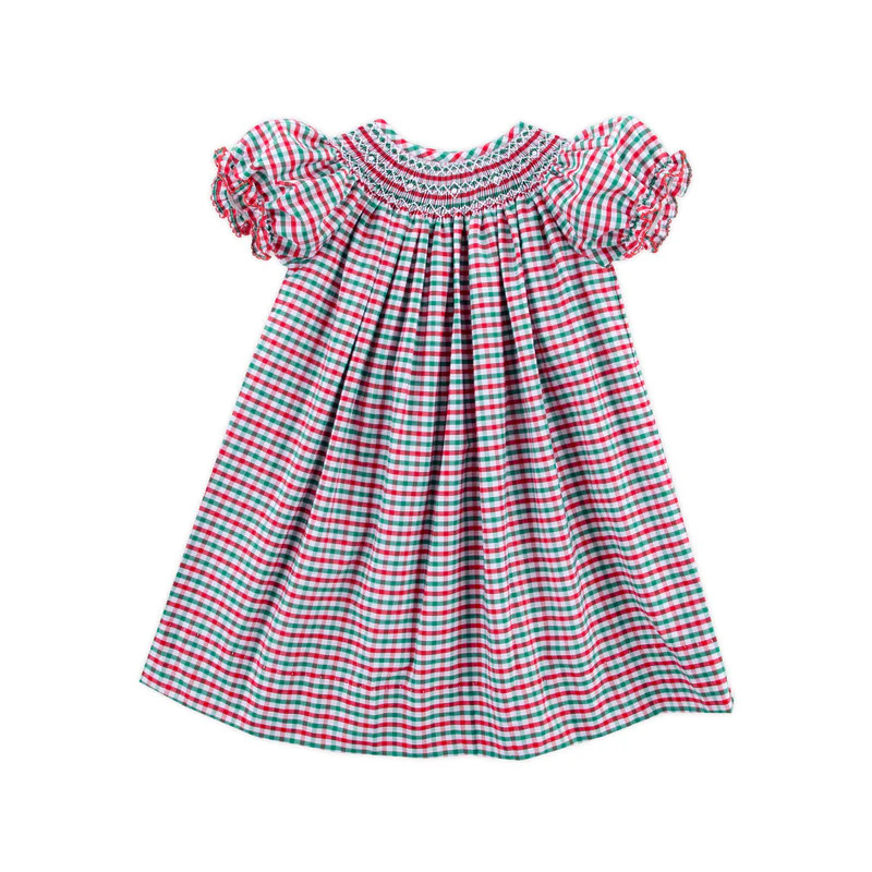 Christmas Card Gingham Smocked Bishop Dress | Classic Whimsy
