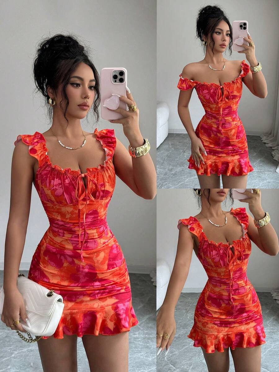 BamGleam Summer Casual Floral Print Ruffle Hem Mini Dress | SHEIN